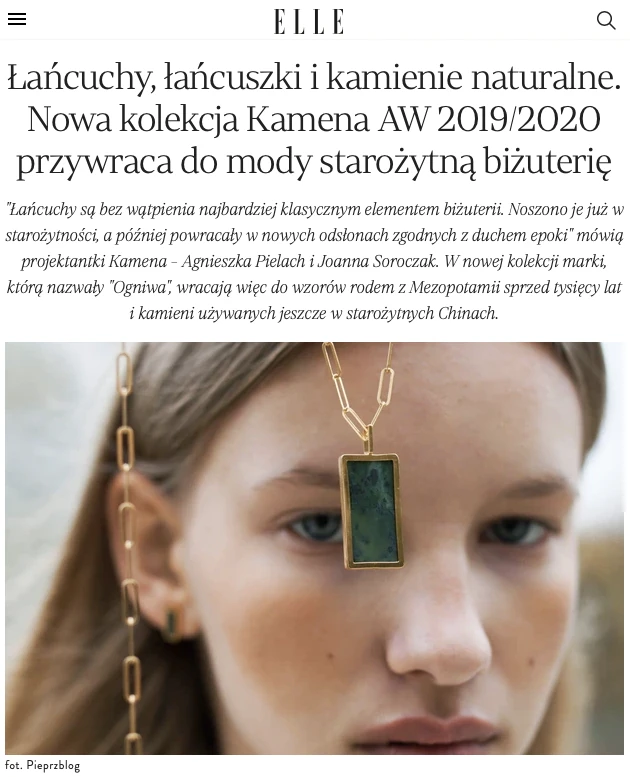 Elle Polska o premierze biżuterii Kamena: Łańcuchy, łańcuszki i kamienie naturalne. Nowa kolekcja Kamena przywraca  do mody starożytną biżuterię.
