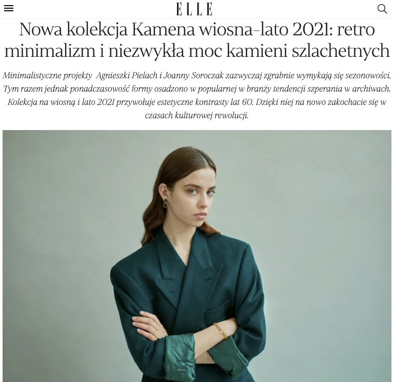 Ertykuł w Elle Polska o Kamena biżuteria" Nowa kolekcja Kamena wiosna-lato 2021: retro minimalizm i niezwykła moc kamieni szlachetnych.
