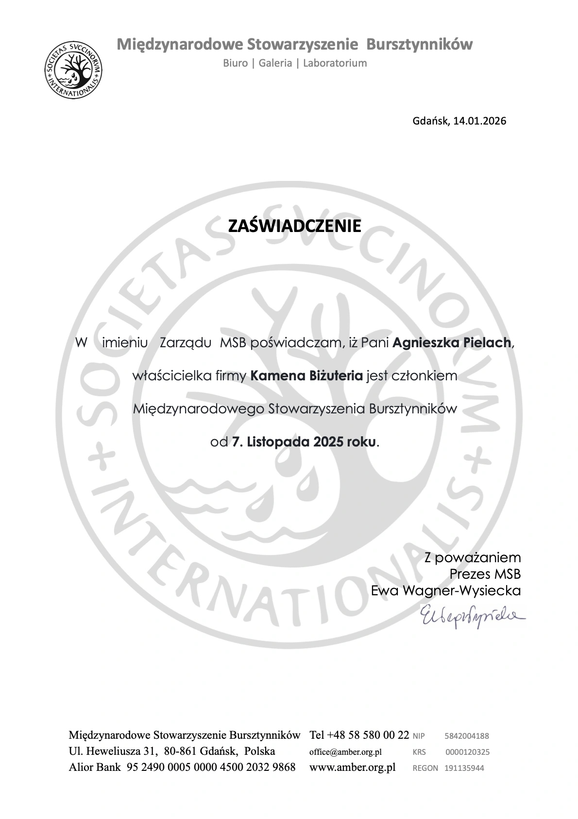 Kamena członkostwo w Międzynarodowym Stowarzyszeniu Bursztynników